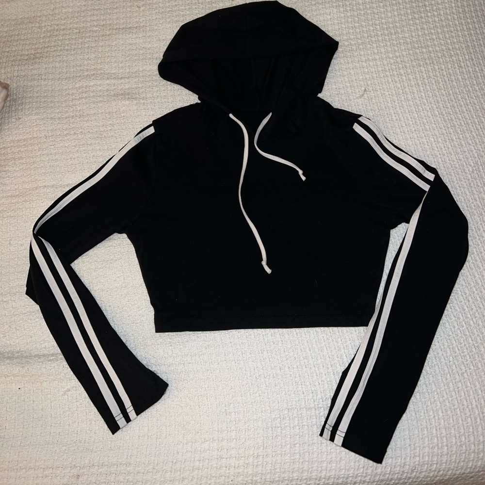 Sporty crop jacket hoodie black white stripe
